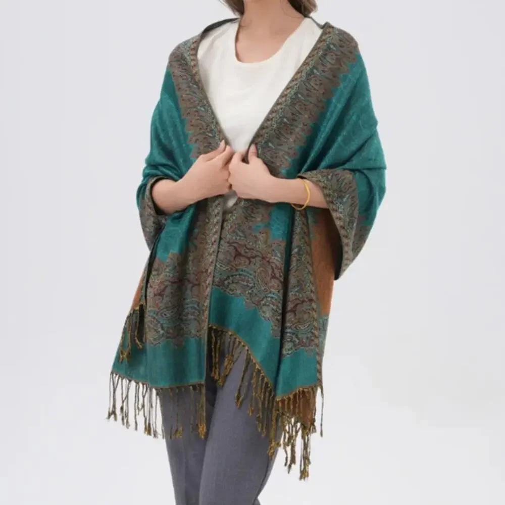 Pashmina Silk Blend Decorative Traditional Paisley Fringe Woven Reversible Scarf